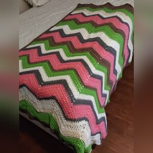Handmade Crochet Afghan, Green, Pink, Brown and White. Handmade Crochet Blanket